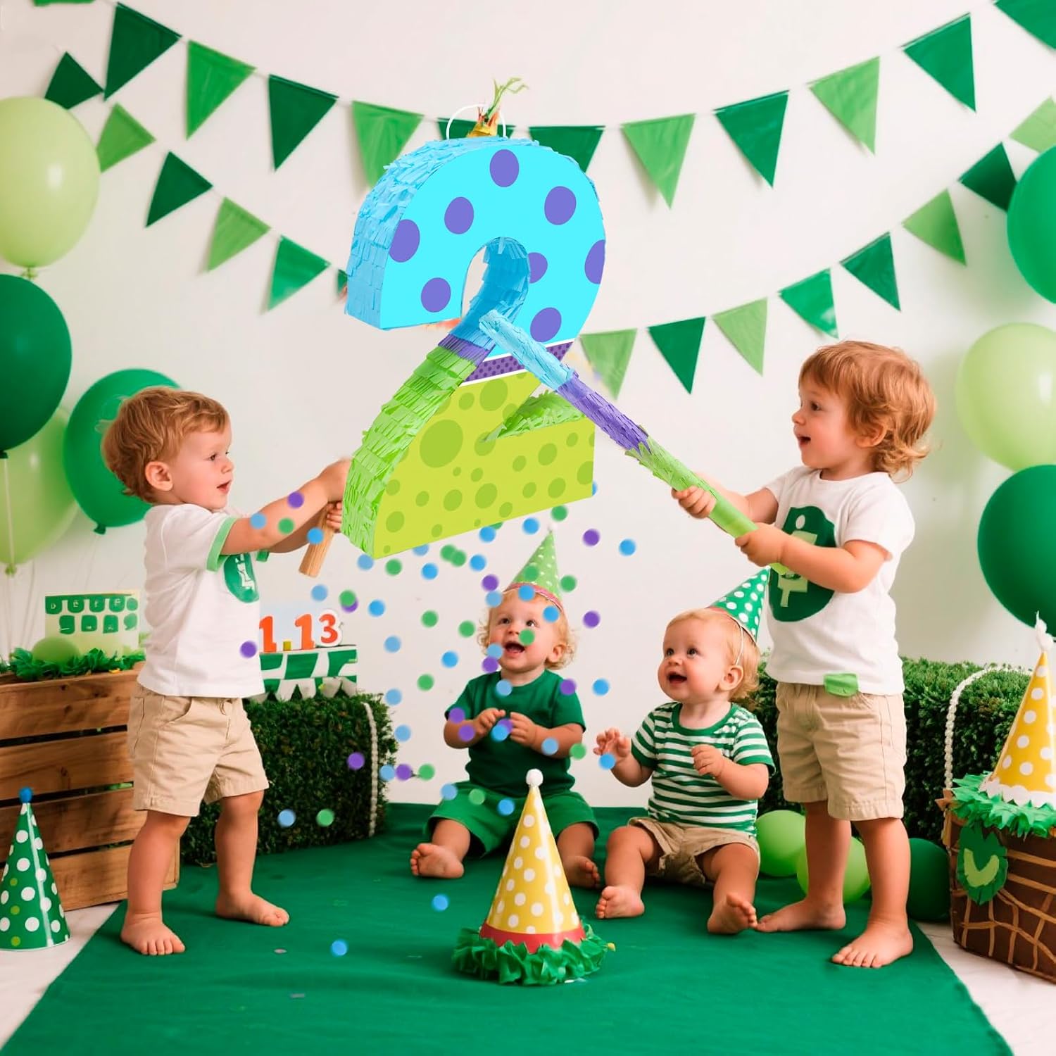 Monster Birthday Party Decorations,15.7‘’ Monster Number 2 Pinata with Stick Blindfold Confetti for Girls Boys 2nd Birthday Activity Game Gift (2nd)