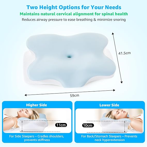 BRO Cervical Memory Foam Pillow with 2 Pillowcases for Neck&Shoulder Pain | Cooling Pillowcase, Ergonomic Orthopedic Neck Support Pillow for Side Sleepers, Back, Stomach(60x40x13cm)