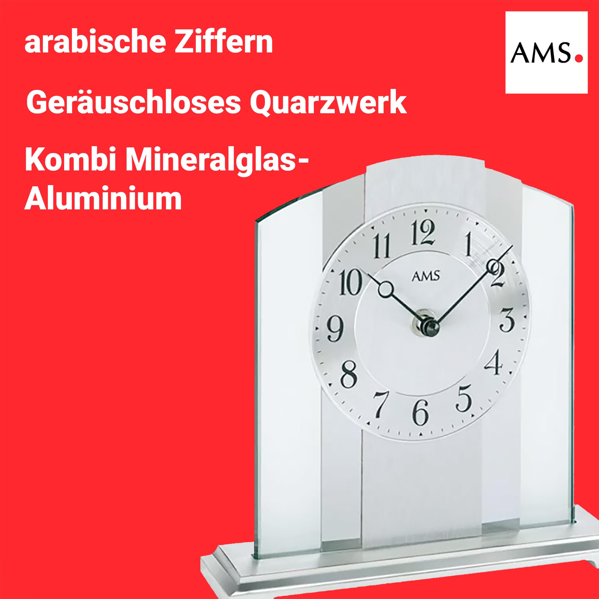 AMS 1120 Moderne Tischuhr mit Geräuschlosem Quarzwerk, Analog, Silbernes Zifferblatt mit Arabischen Ziffern, Mineralglas und Metall, Schwarze Zeiger, Maße: 20 x 20 x 6 cm