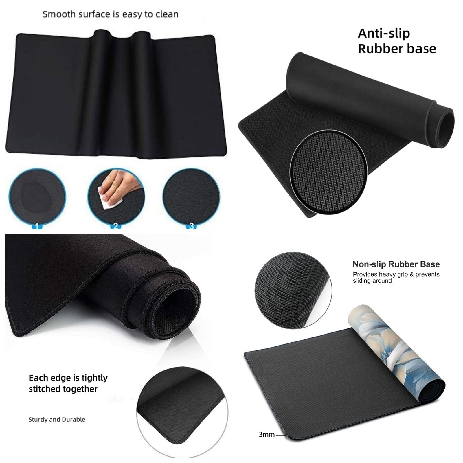Tappetino Mouse XXL Fiore & Blu, 100 x 50 cm Tappetino da Scrivania G496 | Tappetino per Mouse, Base in Gomma Antiscivolo, Superficie Impermeabile, Bordi Cuciti, Tappetino Scrivania per Ufficio, Gioco