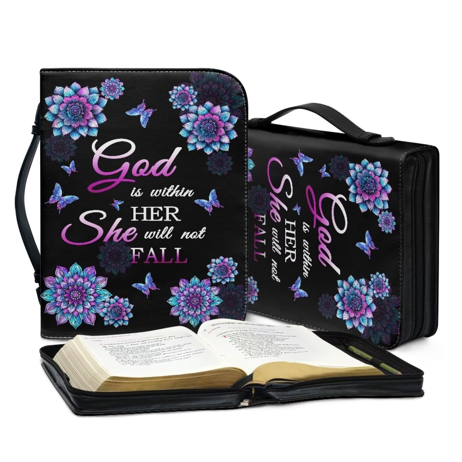 Suobstales Custodia in pelle con stampa mandala e farfalle, per donne e uomini, con scritta "God is Within Her Bibbia", borsa da trasporto con manico e tasca, organizer portapenne, L