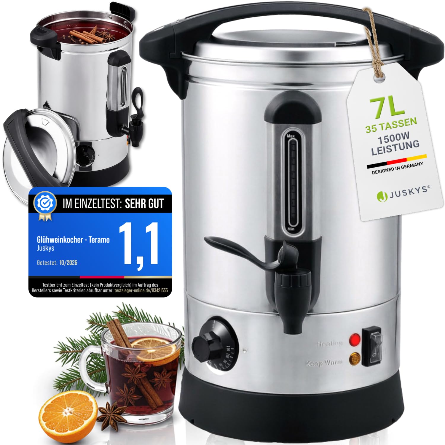 Juskys Glühweinkocher Teramo 7 Liter 1500W mit Zapfhahn, Thermostat & Überhitzungsschutz, 30-110°C, Edelstahl, elektrisch, Heißgetränkespender Glühweinkessel Heißwasserspender Glühweintopf