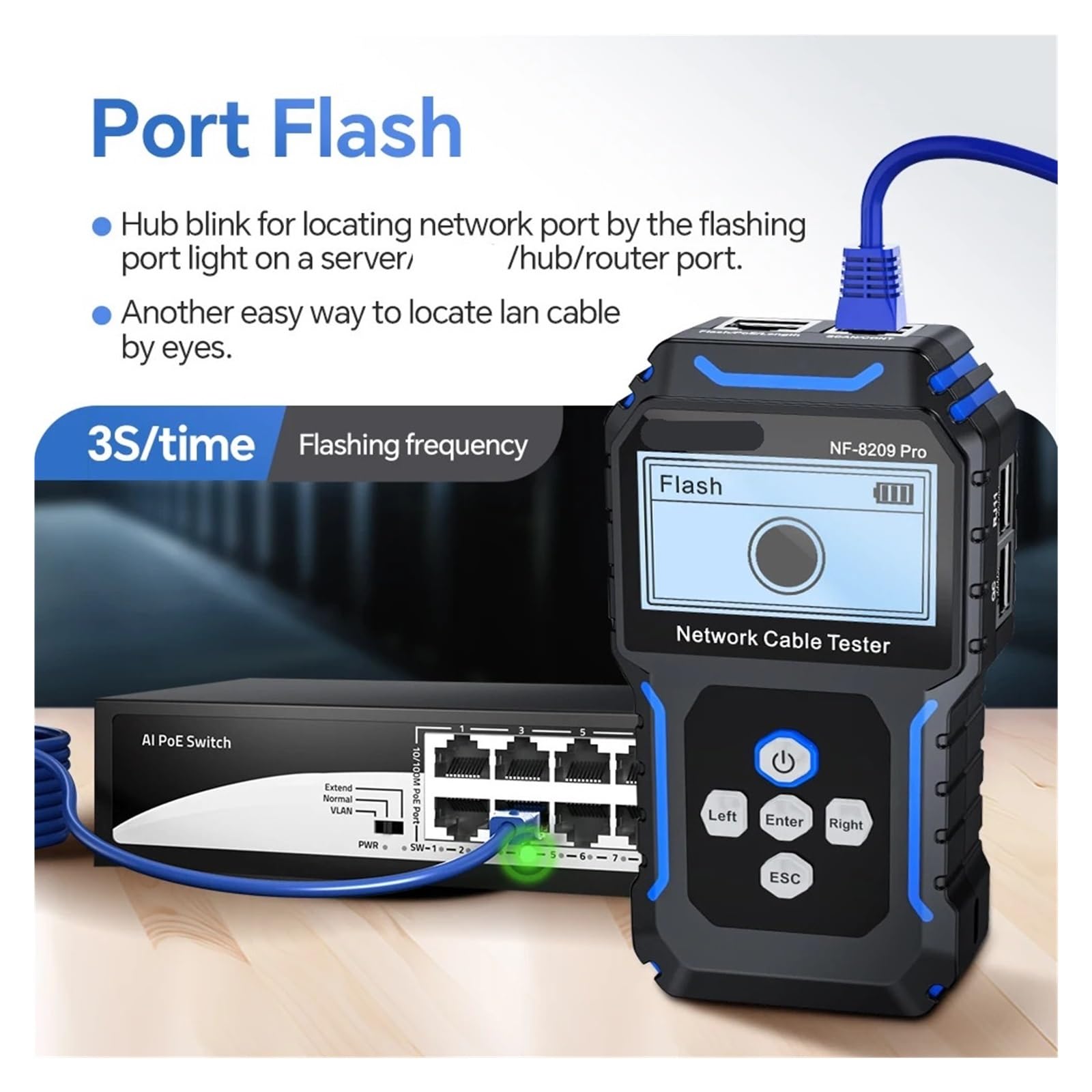 Localizzatore di Cavi, Tester for cavi di rete, tracciamento Cat5 Cat6, tester PoE, rilevamento lunghezza, test continuità con NCV e lampada