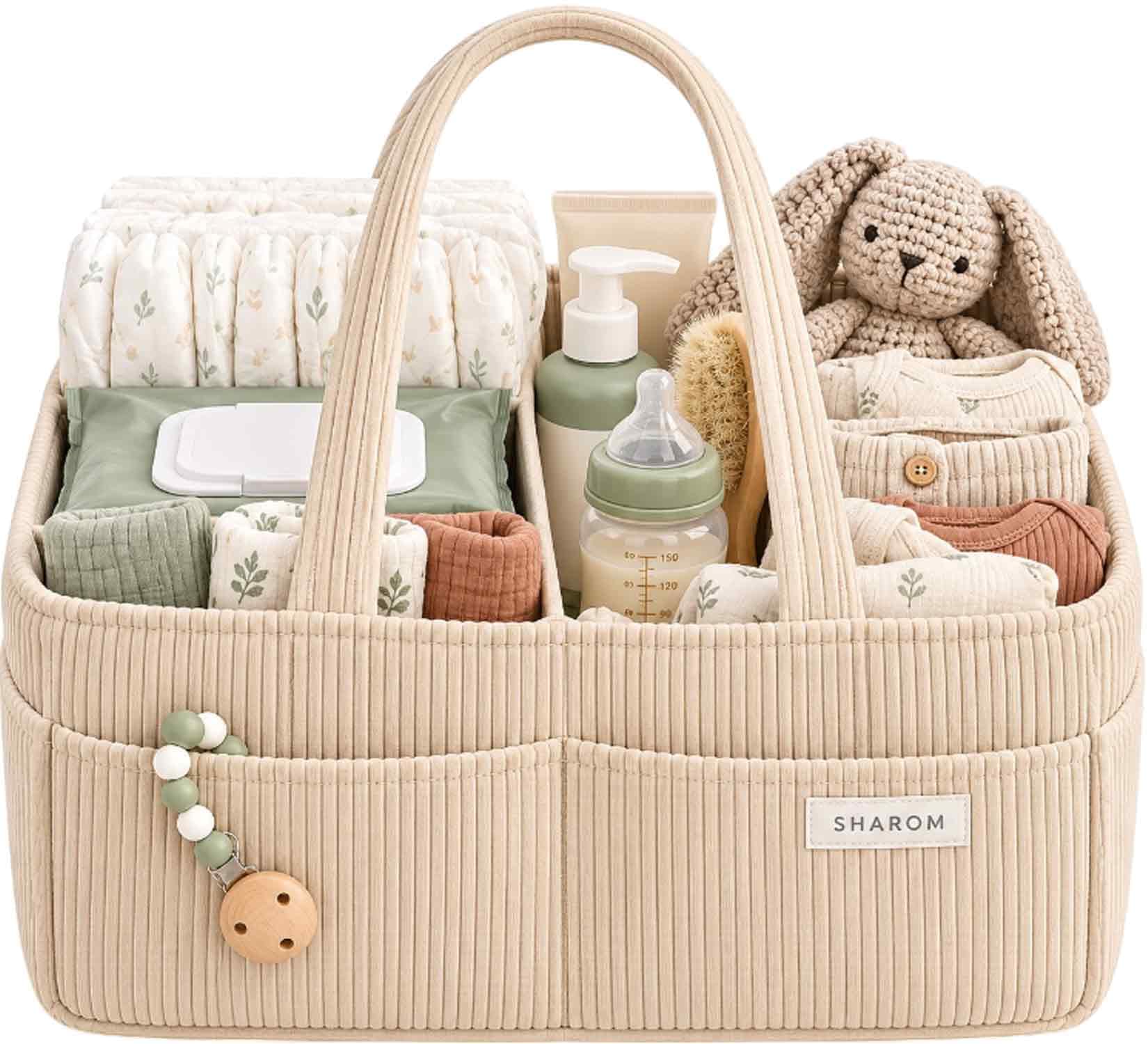 SHAROM Corduroy Baby Caddy Organiser, Spacious Diaper & Nappy Caddy with 3 Adjustable Compartments & 6 Pockets, Portable Changing Table Organiser for Newborn Essentials, Cream — image 1