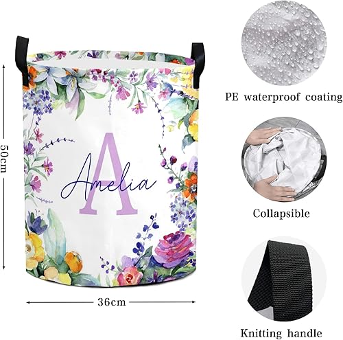 Miniatura 10 de Cesta de lavandería personalizada para bebé, diseño floral, personalizable, organizador plegable, decoración de dormitorio para niñas, adultos y