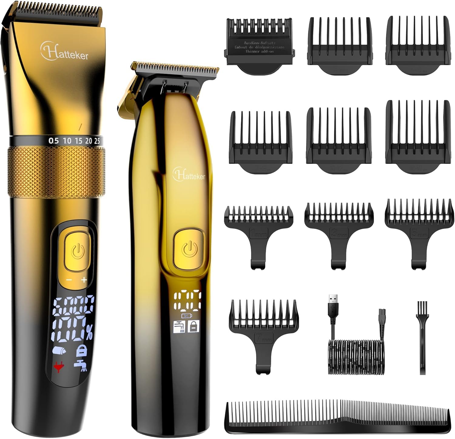 Hatteker Profi Haarschneidemaschine Set Haarschneider Pflegesets Barttrimmer Bartschneider Herren T-förmiger Trimmerkopf T-blade Trimmer Präzisionstrimmer IPX7 Wasserdicht （golden）