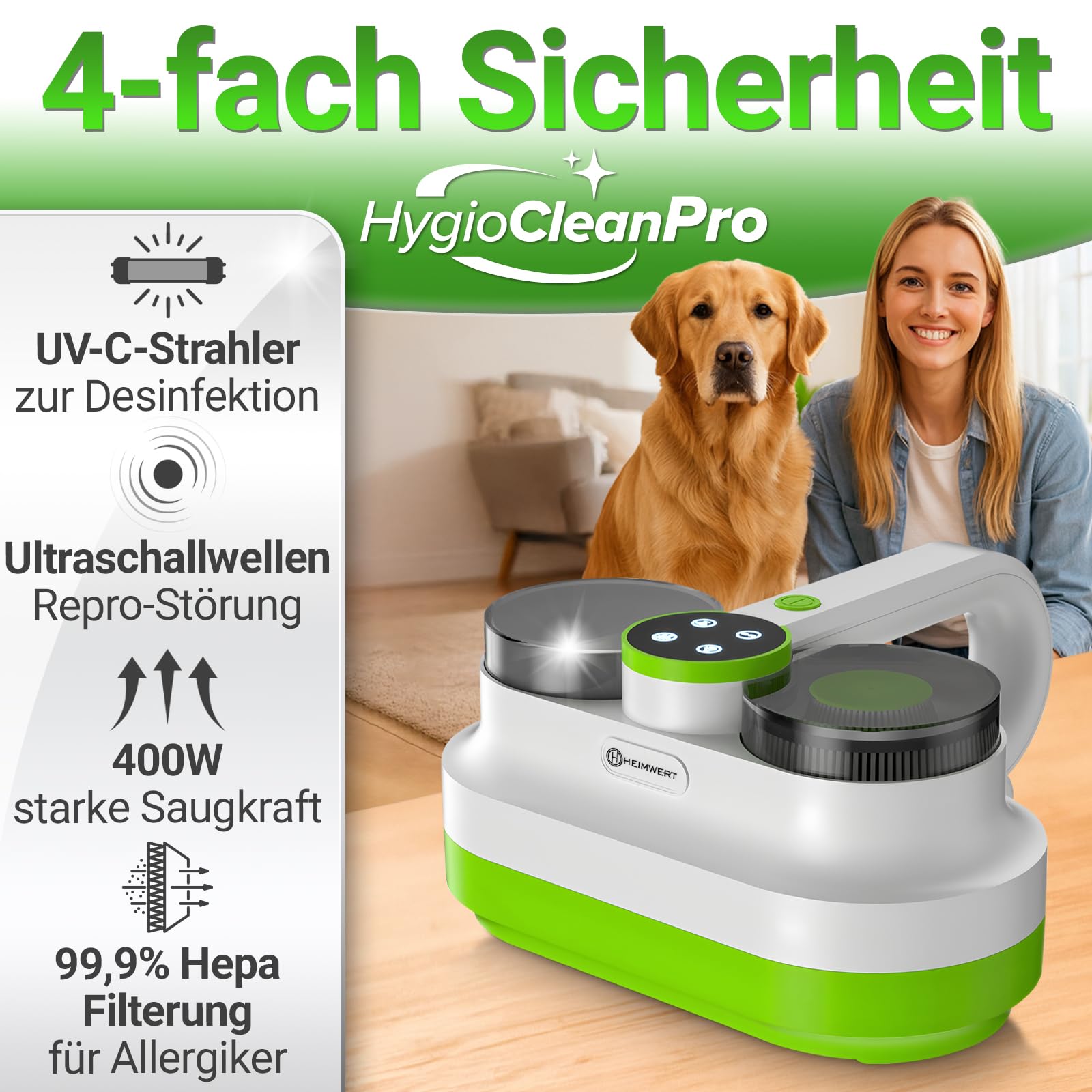 Heimwert – Milbensauger für Matratzen & Polster 99,9% | UV-C Licht & Tiefenvibration | 400W fasertiefe Reinigung mit HEPA-Filter | Matratzenreiniger gegen Milben, Bettwanzen & Allergene (Gerät)