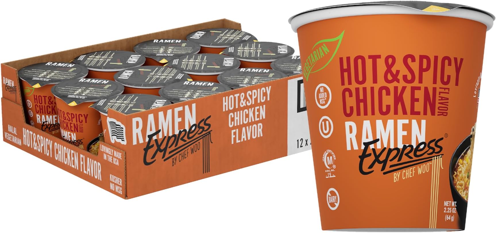 RAMEN EXPRESS Hot & Spicy Chicken Flavor Ramen Cup Noodle, 2.25 Oz Each (Pack Of 12) | Animal-free Ramen Noodles | All Plant-based | Made in U.S. with finest American flour