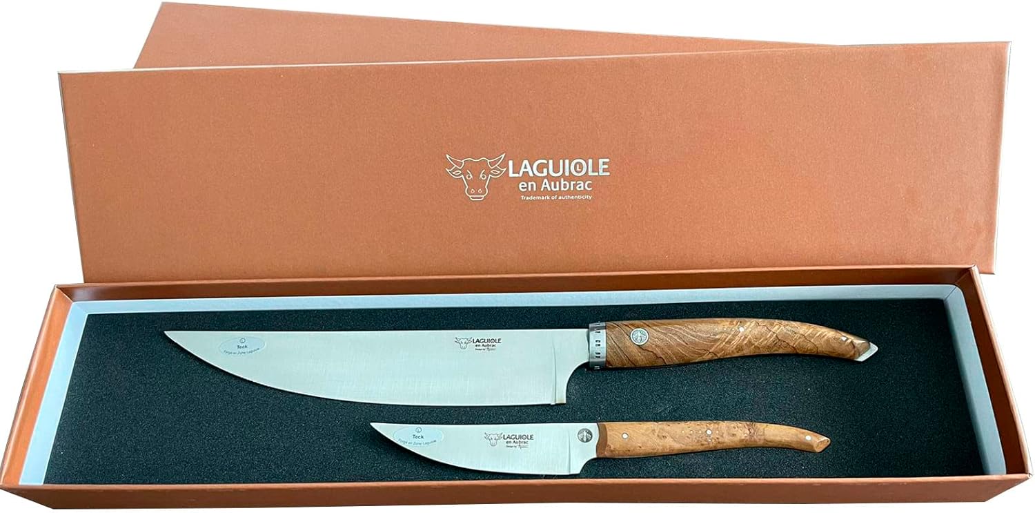 Laguiole en Aubrac Cuisine Gourmet Stainless Fully Forged Steel Made In France Essential 2-Piece Premium Kitchen Knife Set With Teak Wood Handles, 8-Chef Knife And 4-in Paring Knife
