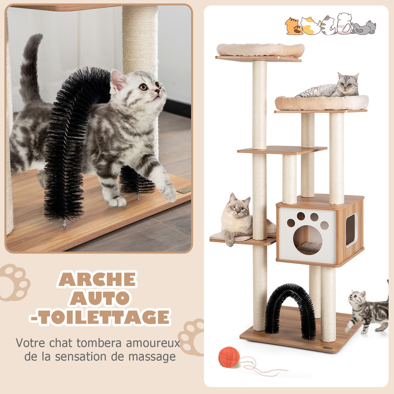 GOPLUS Árbol para Gatos de Madera de XXL 176 CM, Torre para Gatos de 5 Niveles con Poste Rascador de Sisal, Diseño Antivuelco, Árbol Rascador con Cojines Cómodos, 59×59×176CM