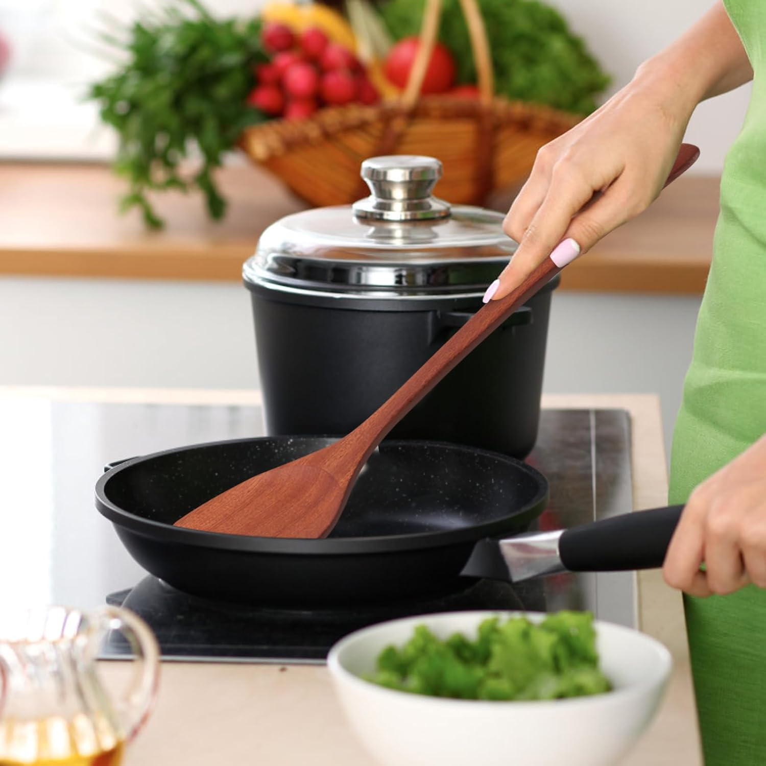 13.5-inch Cherry Wooden Spatula Turner Long Handle, Wood Kitchen Spatula Turner, Egg Scraper, Wood Cooking Utensil, Kitchen Spatulas for Flipping, Serving, Scraping & Turning. - Image 4