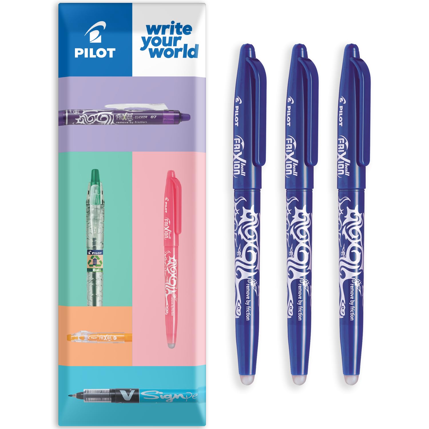 PILOT Frixion FR7 Heat and Friction Erasable Rollerball Pen, Medium Point 0.7mm, Gift Packed, 3-Pack (Blue)