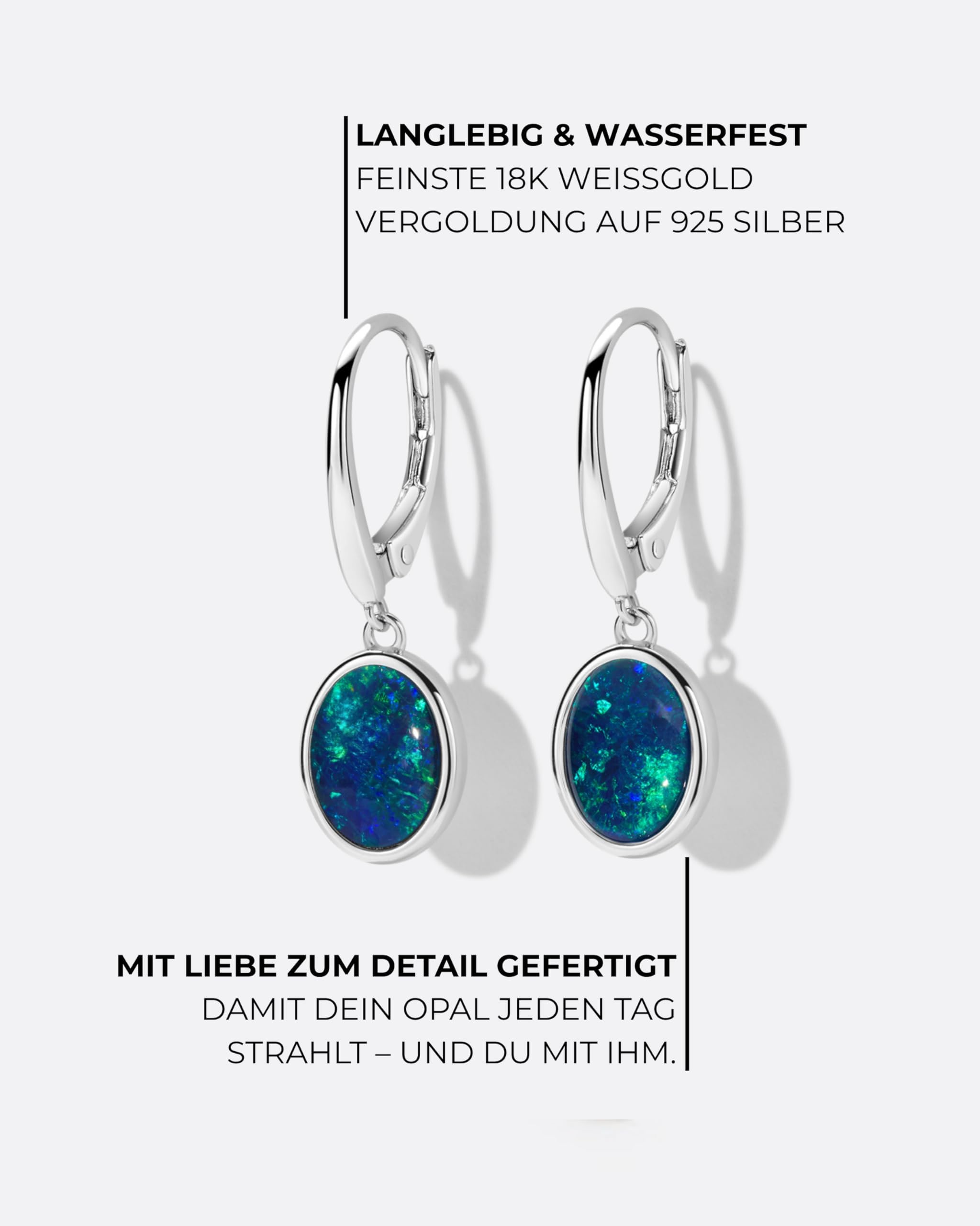 Australische Opal Ohrringe - Anlauffeste Opalohrringe für Damen aus 925 Sterling Silber mit 18K Weißgold Beschichtung - Opalschmuck - Edelstein