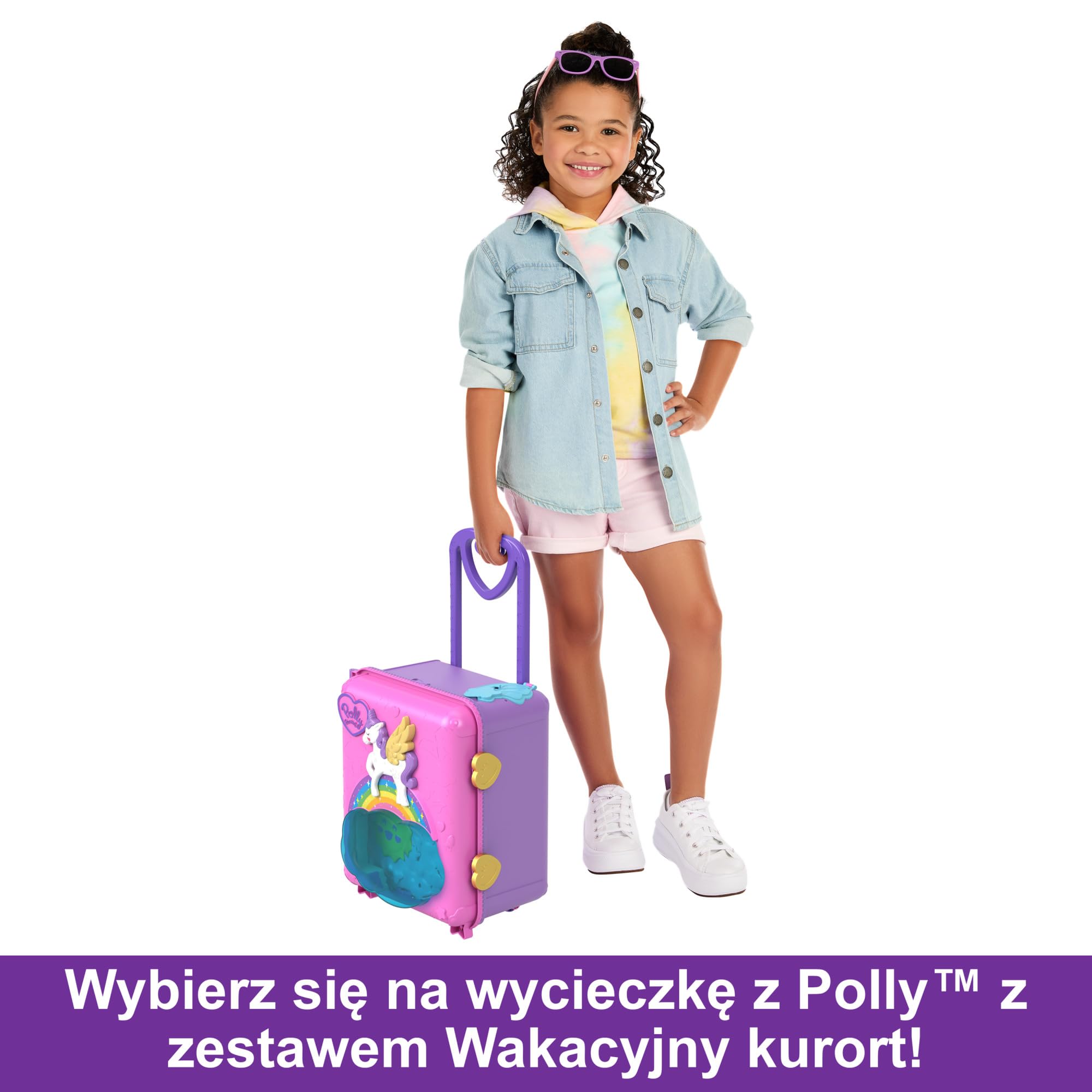 Polly Pocket Wakacyjny kurort Zestaw Walizka z 4 lalkami, 1 pojazdem i ponad 25 akcesoriami, HKV43