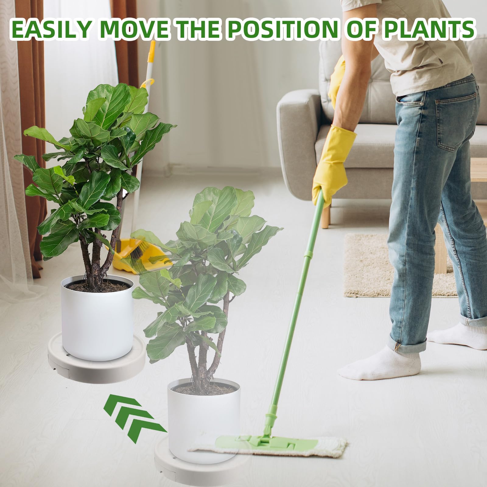 Confezione da 2 contenitori per piante da 28 cm, supporto per piante rotanti, con carrello con 4 ruote invisibili, carrello per fioriera con contenitore per l'acqua, vassoio porta vasi da