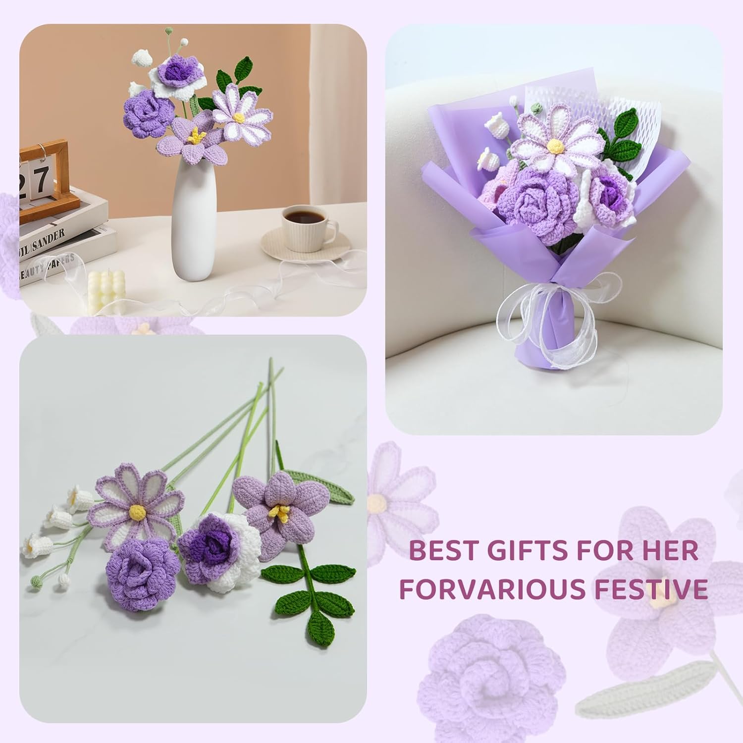 Crochet Flower Bouquet, Handmade Crochet Flowers Knitted Flowers Bouquet for Anniversary Birthday Graduation Lover Valentines Day Gifts(Purple)