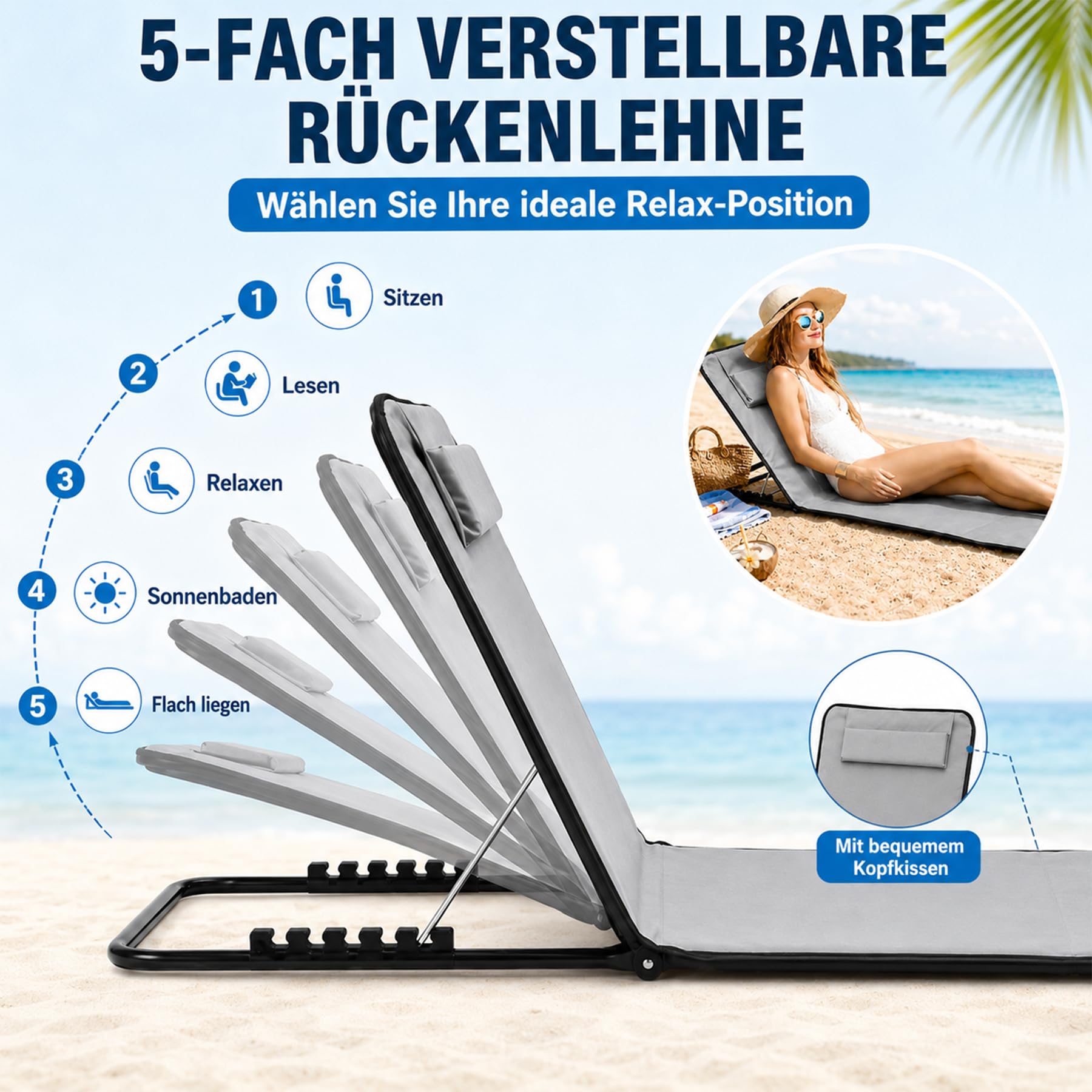 Shengruili 2Pcs Strandmatte mit Rückenlehne,Strand Liegestuhl Leicht,Strand Liege Camping mit Aufbewahrungstasche,Tragbare Sonnenliege für Strand, Camping & Garten,Platzsparend & stabil