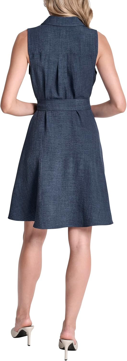 DKNY Women's Sleeveless Collared Neck Mélange Washer Fit and Flare Dress