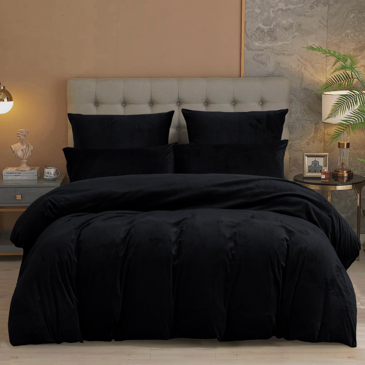 Housse de Couette Flanelle 200x200 Hiver Chaude Noir Polaire