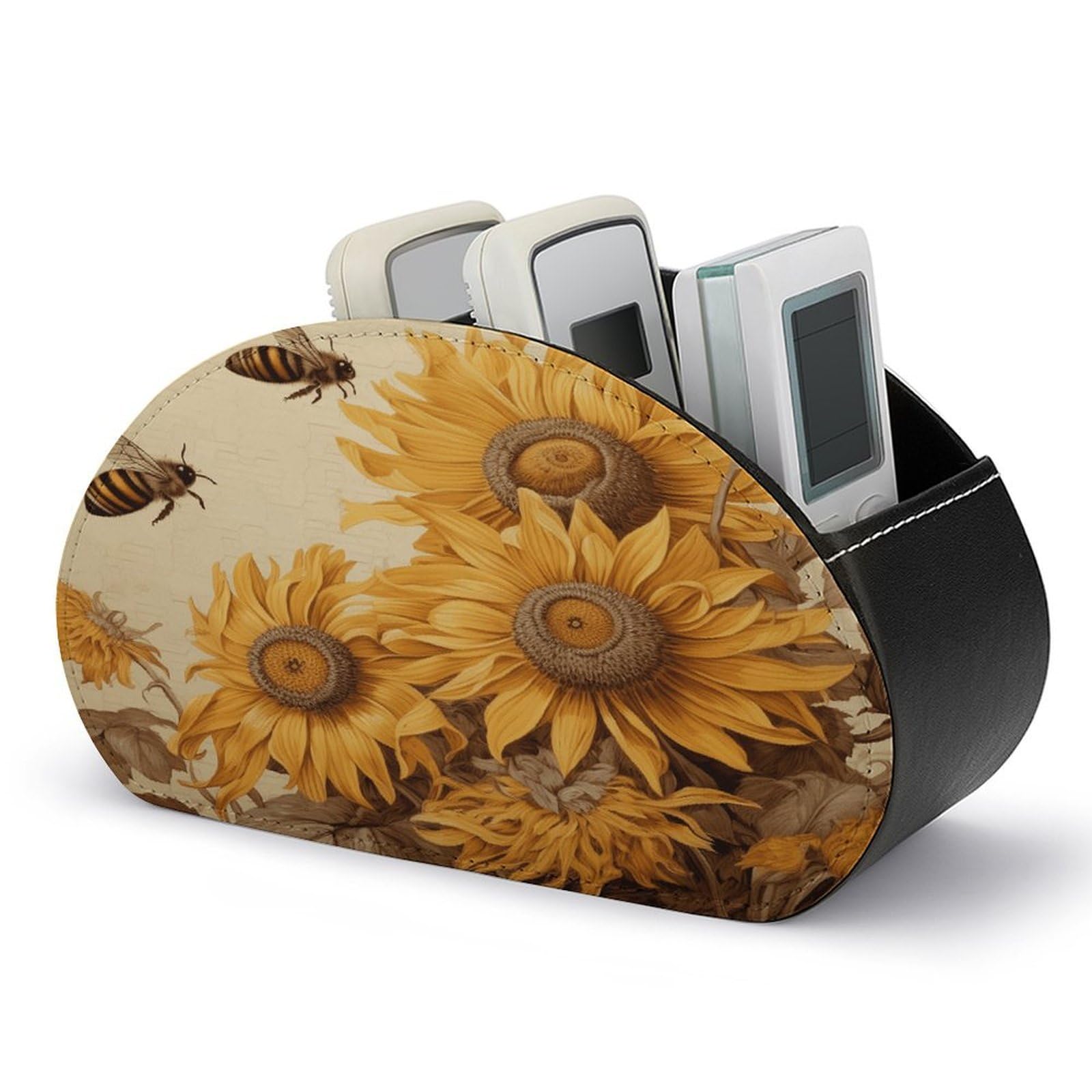 VstaDank Bees And Sunflowers on Old Paper Remote Control Holder with 5 Compartments PU Leather TV Remoter Caddy Desktop Organizer TV Remote Holder Remote Box for Media Controllers Office Supplies