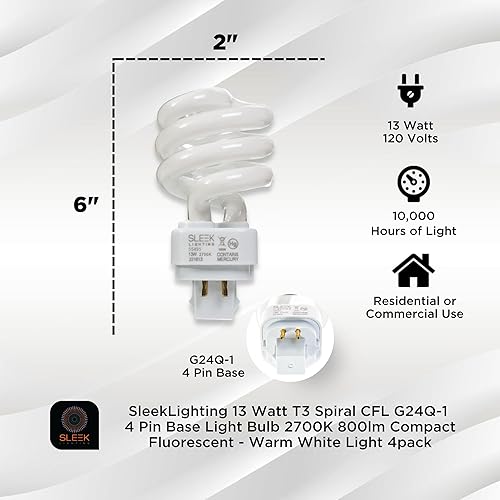 Miniatura 2 de SLEEKLIGHTING Bombilla de base G24Q-1 de 13 W, espiral CFL de 4 pines, 2700 K, 800 lm, fluorescente compacto, luz blanca cálida, paquete de 4