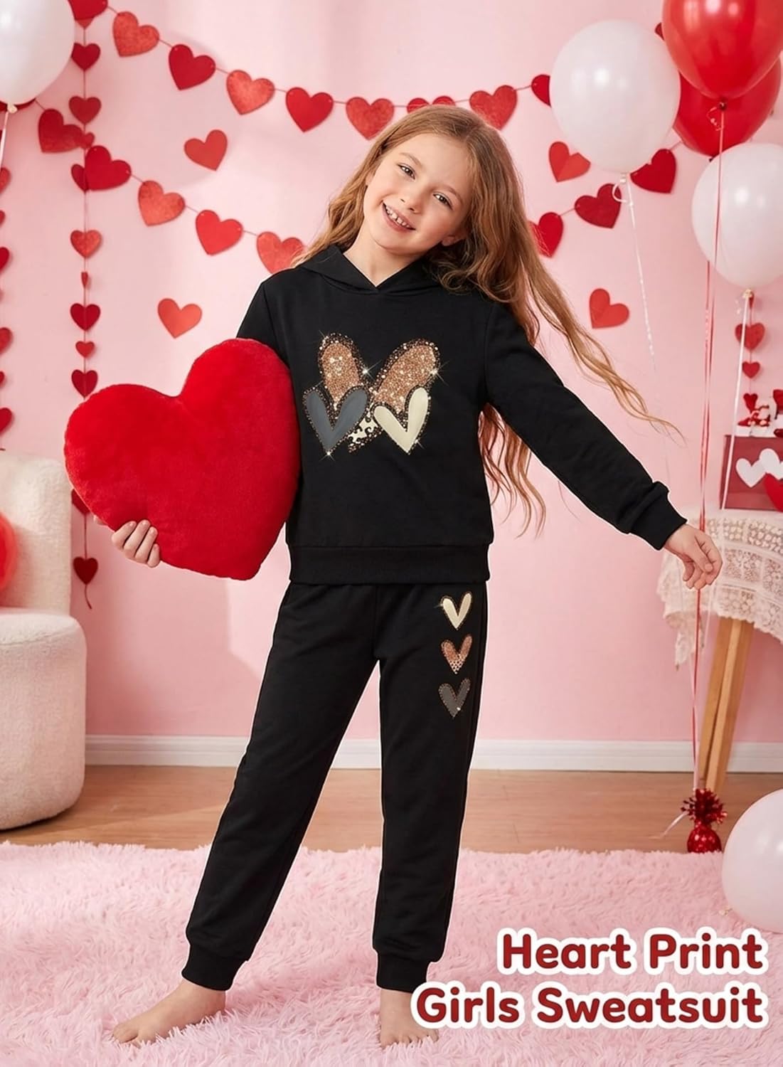 Cute Heart Print Girls Sweatsuit - Valentines Clothes Set Kids Hoodies Long Sweatshirt Pants Fall Winter Outfits - Image 2