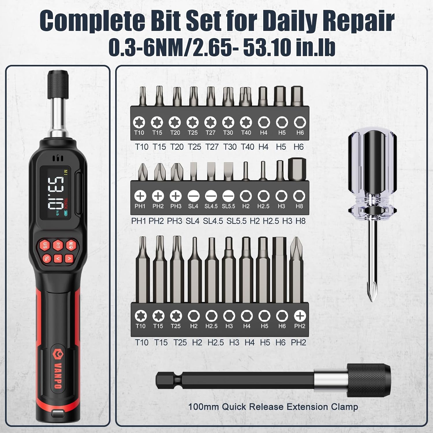 VANPO Digital Torque Screwdriver 2.65-53.10 in.lb/0.3-6Nm, 1/4" Inch Pound Torque Screwdriver Electrician Set with 31Bits,LCD Display & Audible Buzzer for Bike,Scope Mounting & Precision Electronics