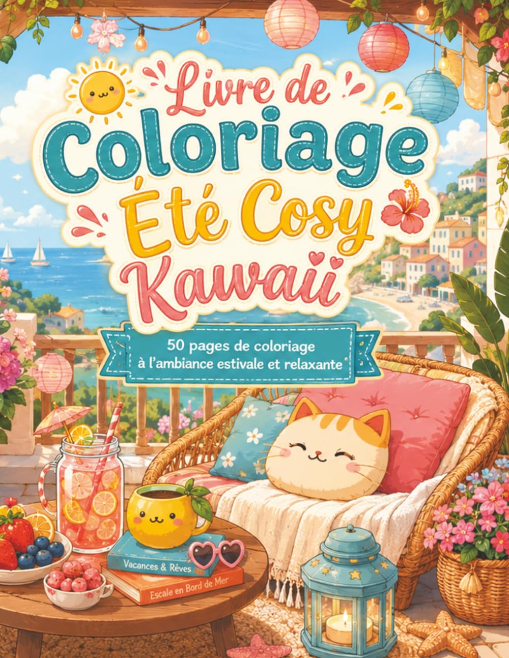 Livre de Coloriage Été Cosy Kawaii: 50 scènes de vacances au bord de mer pour adultes et ados — plage, terrasses fleuries et détente créative