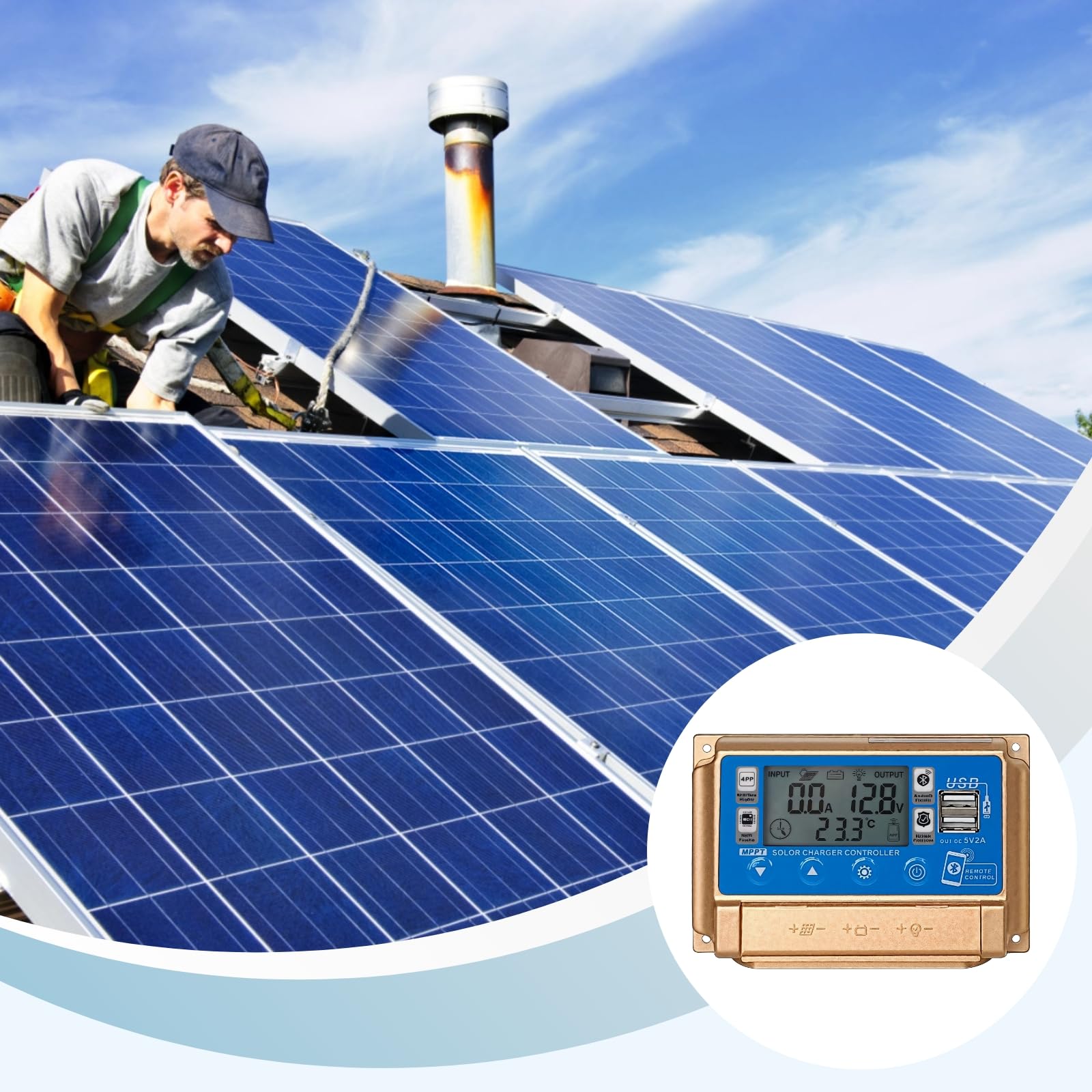 Regolatore di carica solare MPPT da 60 A, regolatore del pannello solare con display LCD per 12 V 24 V, doppie porte USB, controllo APP intelligente BT, controllo automatico della tensione per camper