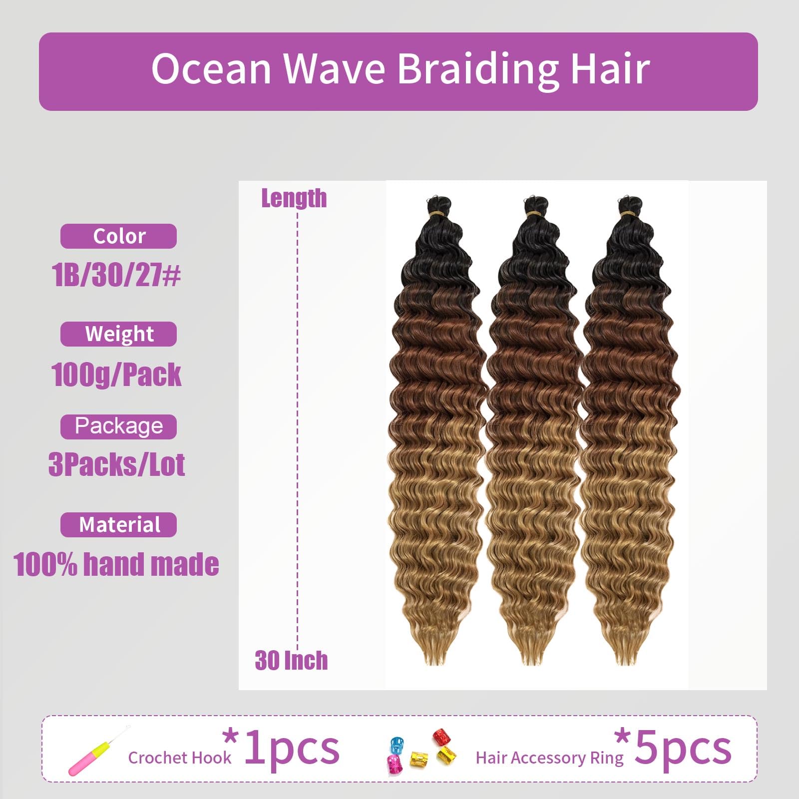 Ocean Wave Crochet Hair 3Packs Deep Wave Braiding Hair Curl Crochet Braiding Hair Extension Ocean Wave Braids Hair for women (1B/30/27# - Image 2