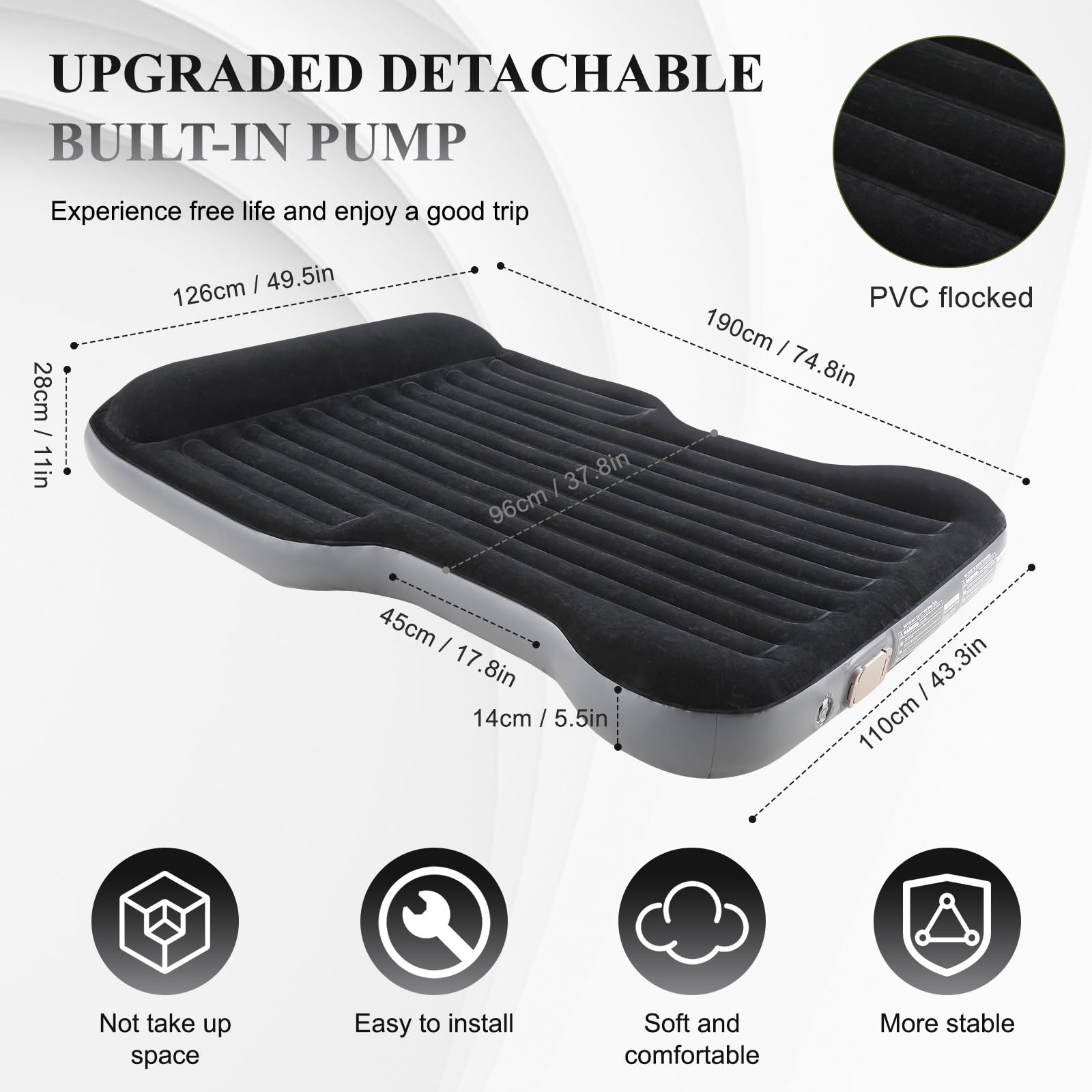 KMZ Aufblasbare SUV Luftmatratze mit integrierter Luftpumpe dickere Beflockung selbstaufblasbar tragbares Luftbett für SUV MPV Camping Outdoor schnelles Aufblasen und Entleeren (Schwarz)