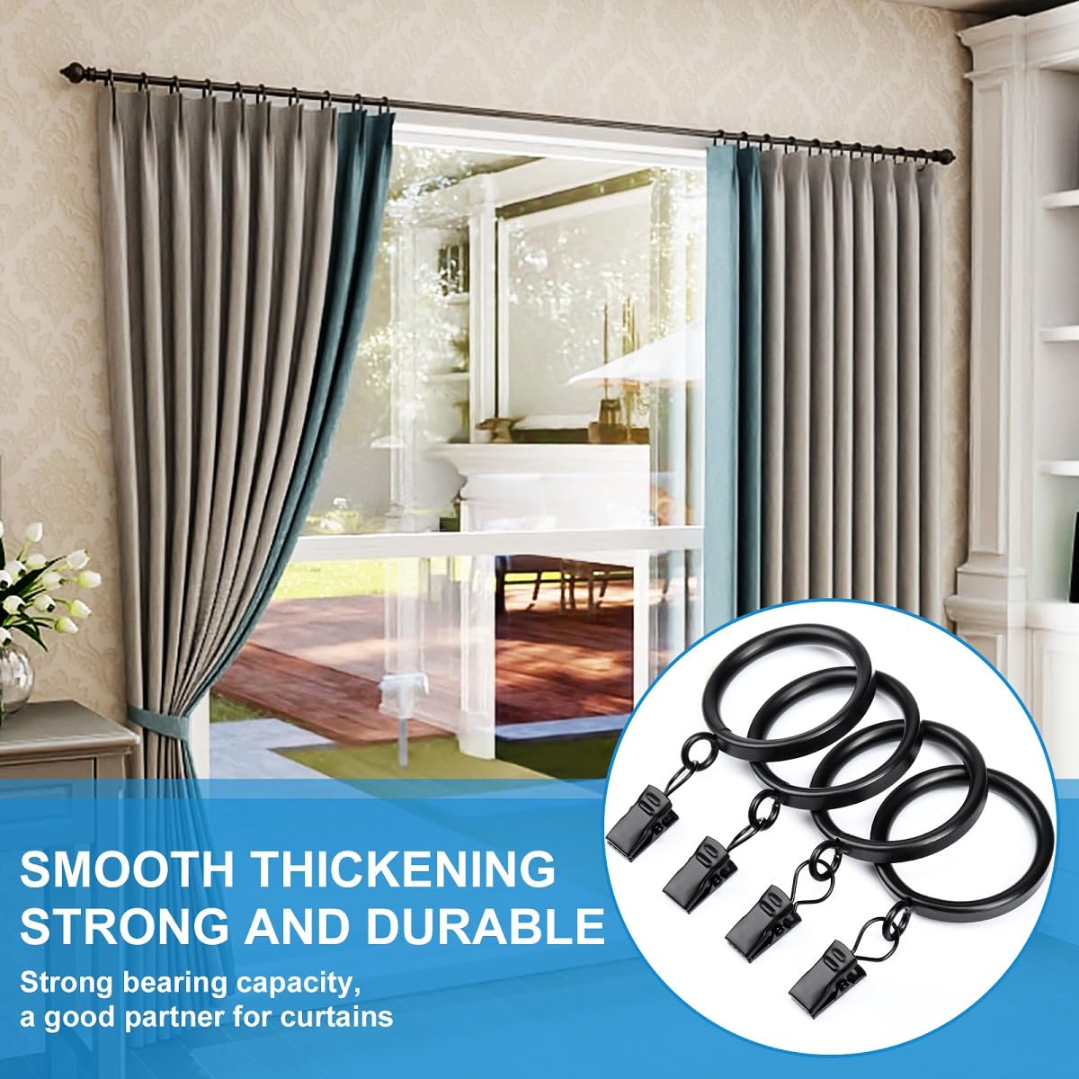 Lot de 24 anneaux de rideau avec clips - Diamètre intérieur : 3,8 cm - Convient pour une tringle jusqu'à 3,1 cm - Noir