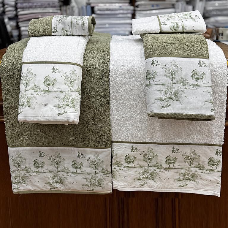 Dos Juegos DE Toallas Toile DE JOUY Bosque Blanco Y Verde