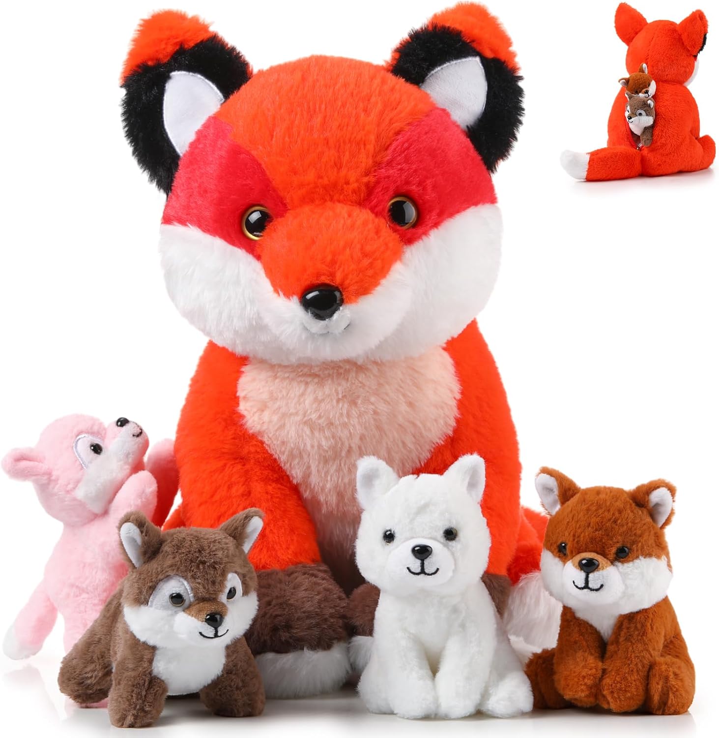 Lenwen 5 Pcs Stuffed Animal Bulk 1 Mommy Plush with 4 Cute Babies Plush Wild Stuffed Animal Toy for Boys Girls Birders Zoo Gifts(Fox) Orange Fox