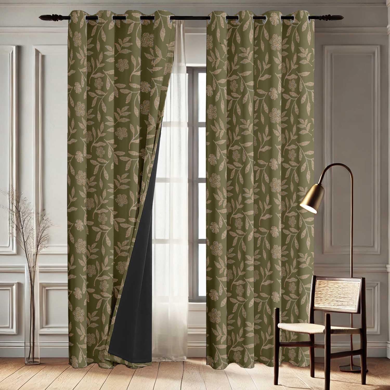 Room Darkening Curtains - Leaf Pattern, Set of 2 Panels, 42" x 63" - Grommet-Top Blackout Window/Door Drapes for Bedroom, Nursery & Living Room - Green