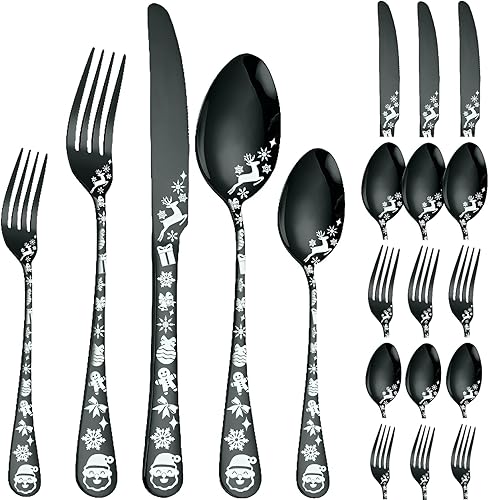Miniatura 9 de Vilihkc Juego de cubiertos estilo navideño, juego de 20 piezas de cubiertos de acero inoxidable, juego de utensilios de cocina, servicio para 4