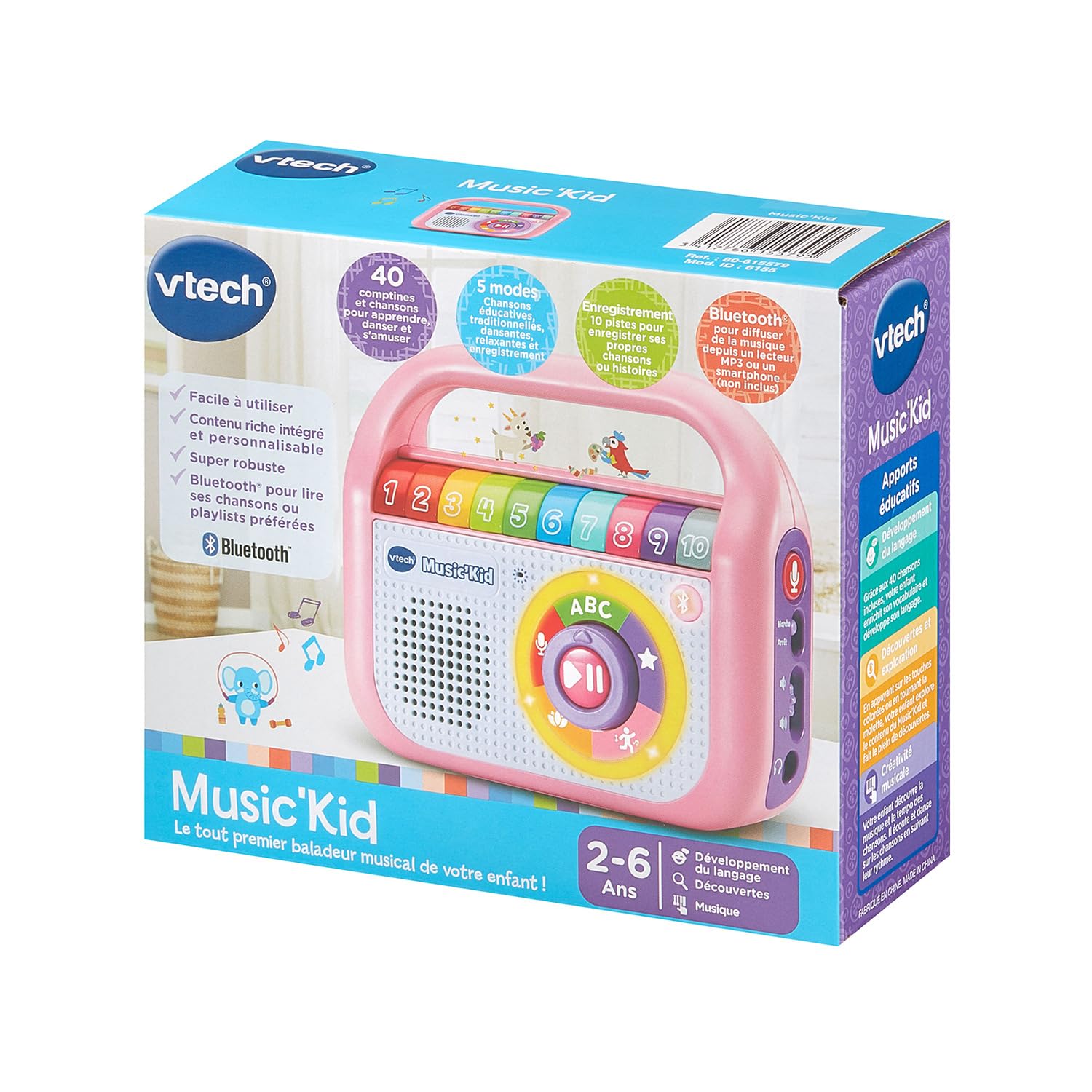 VTech - Music'Kid Rose, Baladeur Musical Enfant, Enceinte Bluetooth Lumineuse avec Comptines, Chansons Éducatives et Relaxantes, Enregistreur Vocal, Cadeau Enfant Dès 2 Ans - Contenu en Français
