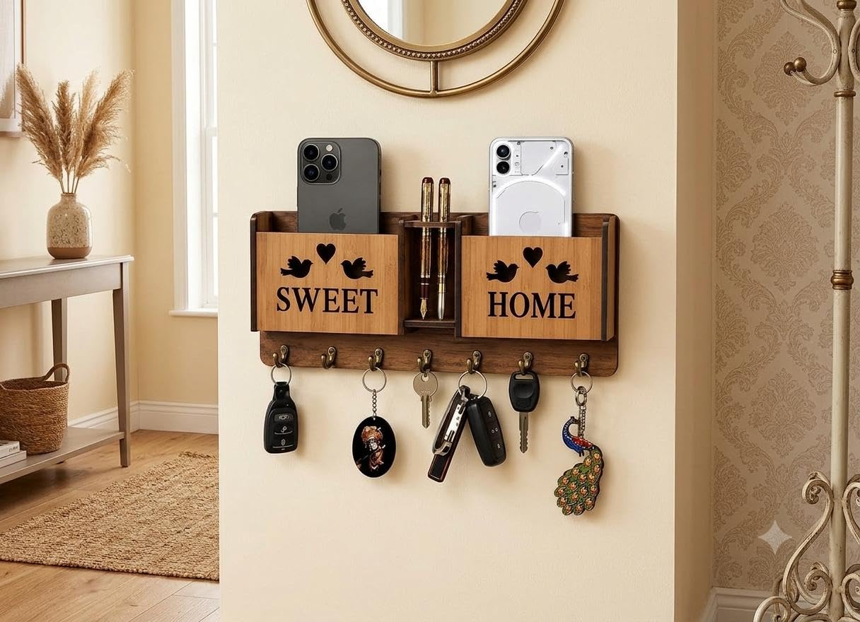 Wood Key Holder with 8 Hooks - Brown -4