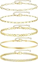 iFYOU 14K Gold Plated Waterproof Cuban Link Ankle Bracelets for Women - 5pc Layered Adjustable Anklets Set Beach Gift