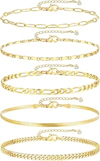 iFYOU 14K Gold Plated Waterproof Cuban Link Ankle Bracelets for Women - 5pc Layered Adjustable Anklets Set Beach Gift