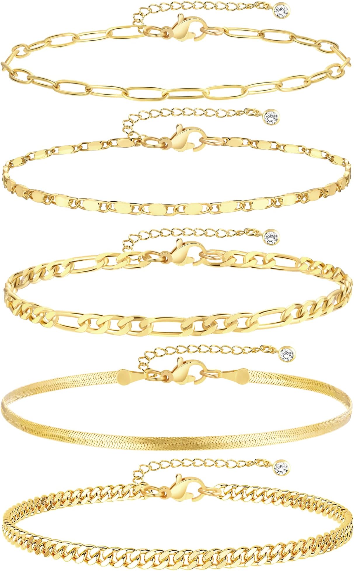 Gold Ankle Bracelets for Women, 14k Gold Plated Waterproof Cuban Link Chain Anklets Set, Layered Anklet Bracelets for Women Beach Gift Adjustable Size 5pc