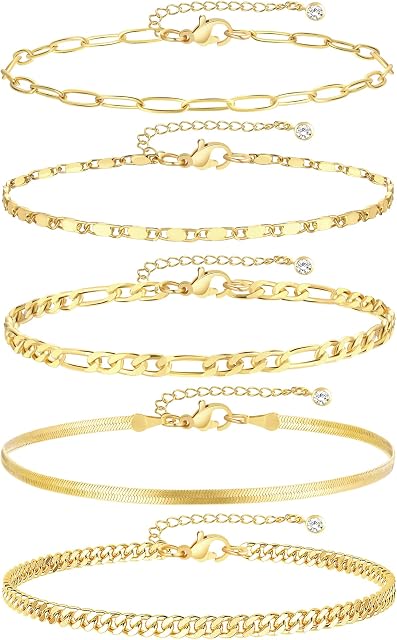 Gold Ankle Bracelets for Women, 14k Gold Plated Waterproof Cuban Link Chain Anklets Set, Layered Anklet Bracelets for Women Beach Gift Adjustable Size 5pc