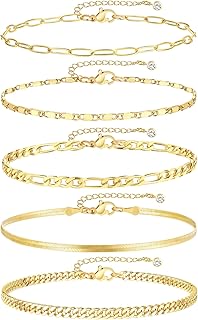 Gold Ankle Bracelets for Women, 14k Gold Plated Waterproof Cuban Link Ch...