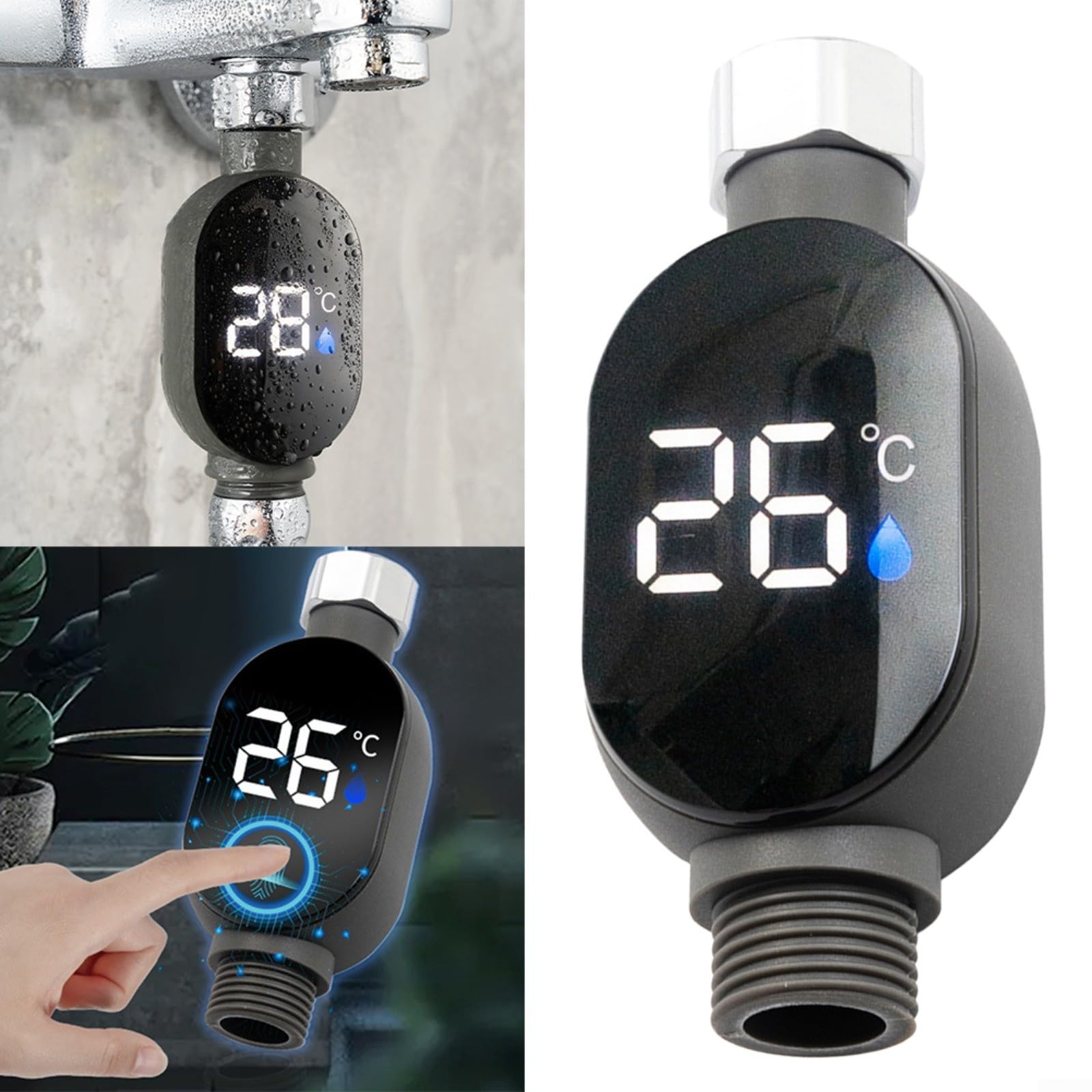 Thermomètre de douche numérique à LED en acier inoxydable avec affichage LED de 0 à 99 °C Compatible avec tuyaux d'eau et têtes de douche 1/2"