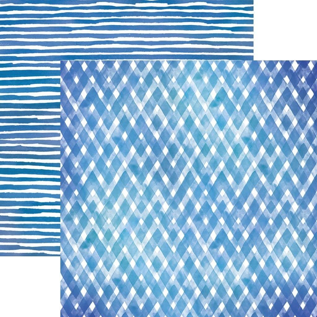 Paper House Productions Blue Watercolor Plaid/Stripes Double Sided Scrapbook Paper, 12-inch, 15-Pack