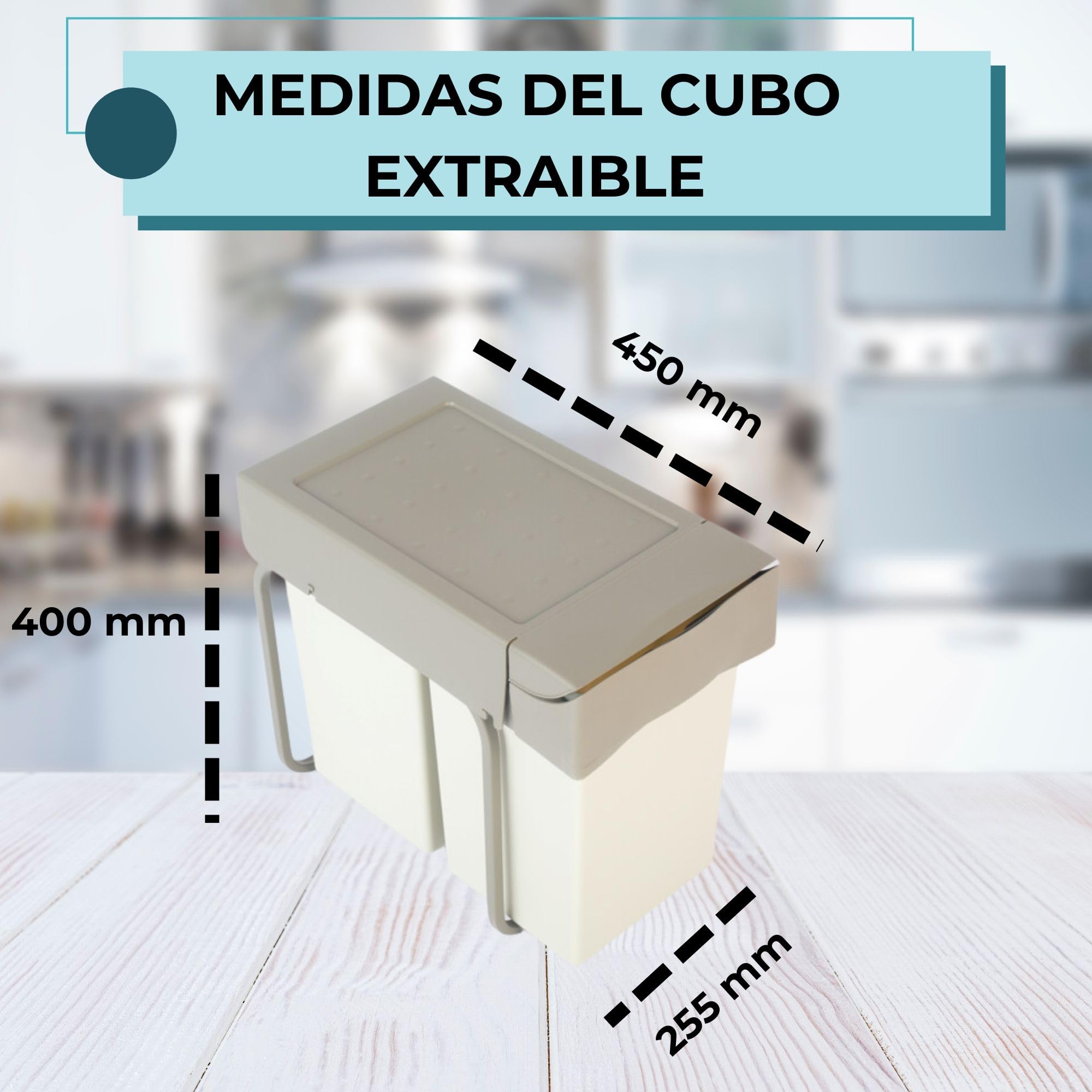 AZERODESIGN-Cubo Basura-Cubo de Basura Cocina-Cubos de Basura de Reciclaje-2 Compartimentos de 7L- Módulo 30 cm-40x45x25,5 cm-Sistema Guías Extraíbles de Acero-Fijación Inferior-Material Plástico PVC