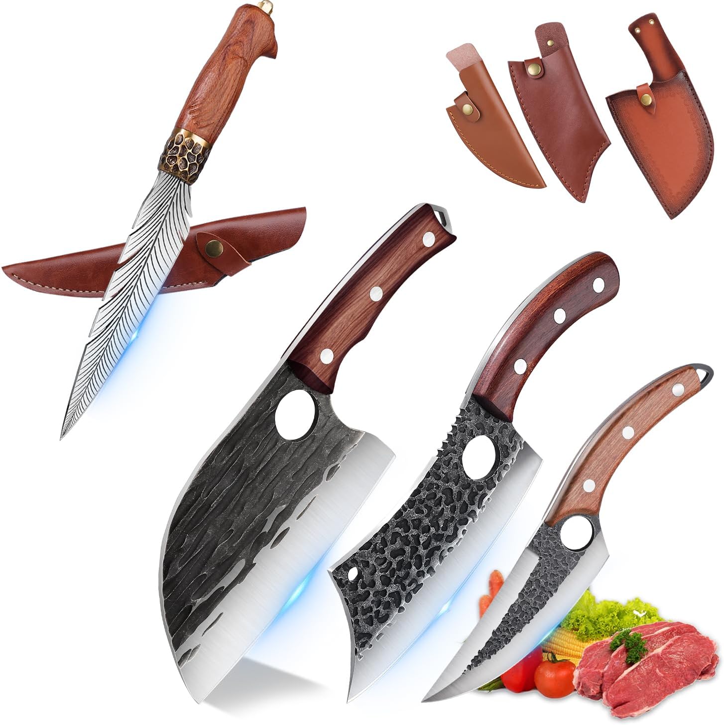 ROCOCO Feather Knife 3PCS Butcher Cleaver Knife Set Boning Meat Cleaver Knife High Carbon Steel Kitchen Cleaver with Sheath for Outdoor Camping BBQ Collection Christmas Gift Men