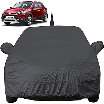 Autofact Car Body Cover for Hyundai I20 Active with Mirror and Antenna Pocket (Light Weight, Triple Stitched, Heavy Buckle, Bottom Fully Elastic, Grey )