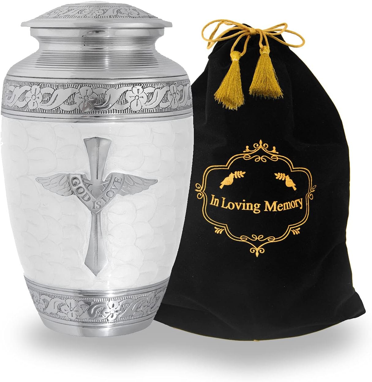 LETUSTO Cremation Urn for Human Ashes for Adults, Funeral Burial Handcrafted Decorative Urns with Velvet Bag for Easy Preservation and Portability [Cross-White]