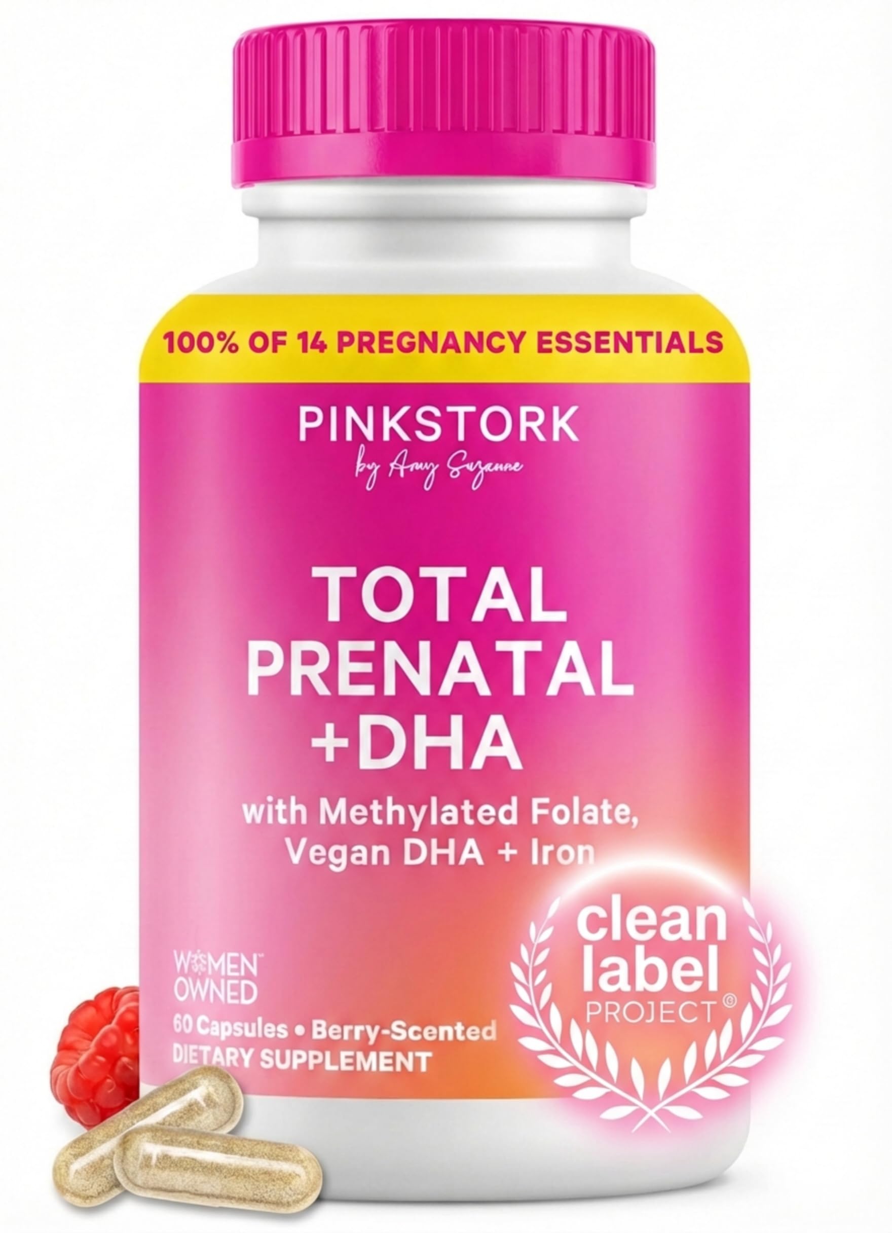 - Pink Stork Total Prenatal Vitamins with DHA, Folate, Iron, Choline, and Vitamin B12 - Prenatals for Women to Support Fetal Development, Pregnancy Essentials, Berry Essence, 60 Capsules, 1 Month Supply